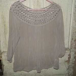 Womens Umgee Lattice Neck Sheer Top Shirt Brown SZ L (CC-16)